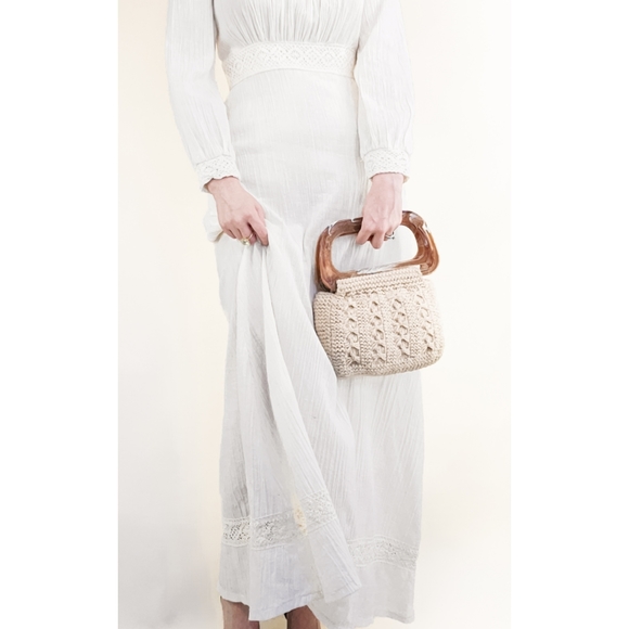 70s Ivory Cotton Gauze Crochet Trim VTG Maxi Dress - Picture 9 of 16